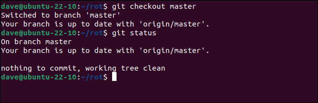 Vérification de la branche master et utilisation de git status pour voir son état