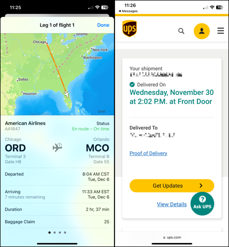 Status penerbangan dan paket di Pesan