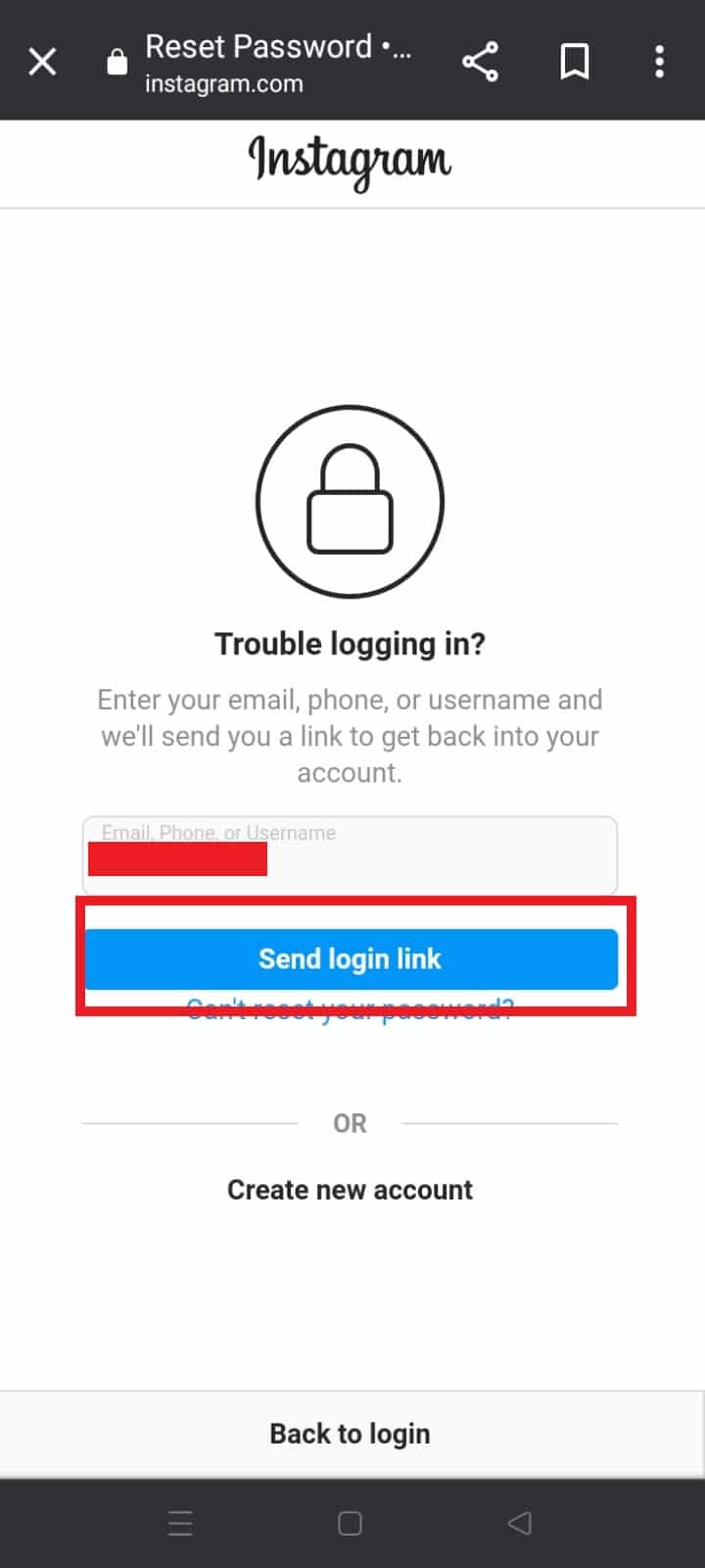 Digite seu nome de usuário, número de telefone ou ID de e-mail e toque em Enviar link de login | | Como Mudar Seu E-mail no Instagram