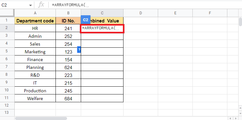 ターゲット値が必要なセル C2 に ARRAY FORMULA を適用することから始めます。