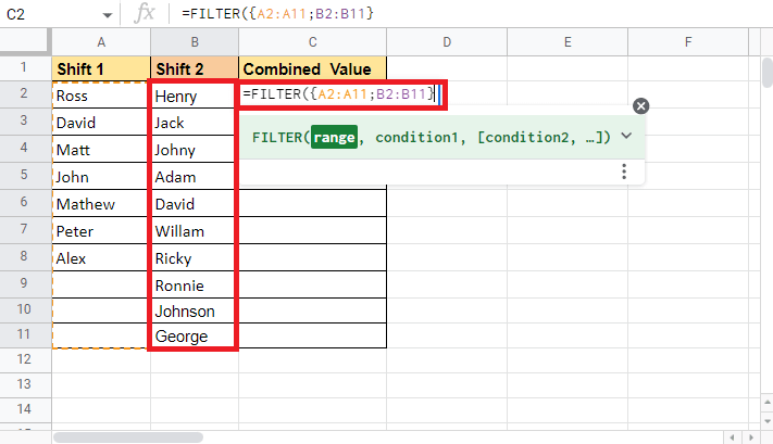 Shift 2 列である次の列を選択し、中かっこを閉じます。 Google スプレッドシートで 2 つの列を結合する方法