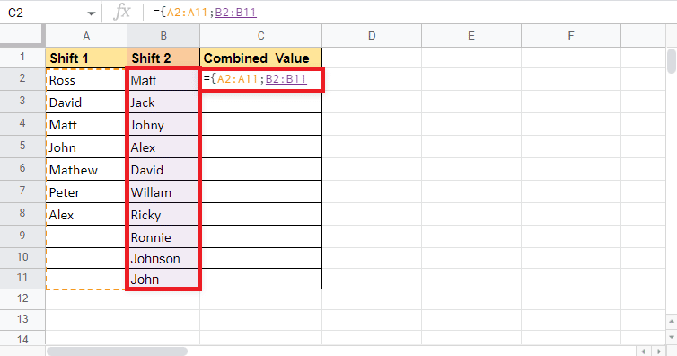 Fügen Sie ein Semikolon hinzu und wählen Sie die zweite Spalte aus, die Shift 2 ist. So kombinieren Sie zwei Spalten in Google Sheets