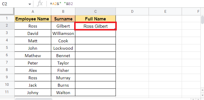 Appuyez sur la touche Entrée pour obtenir le nom complet. Comment combiner deux colonnes dans Google Sheets