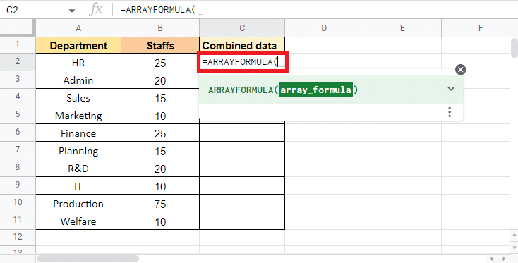 대상 값을 원하는 셀 C2에 ARRAY와 동일하게 입력하여 수식을 적용하기 시작합니다.