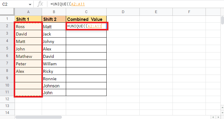 Abra un corchete y seleccione la primera columna Shift 1. Cómo combinar dos columnas en Google Sheets