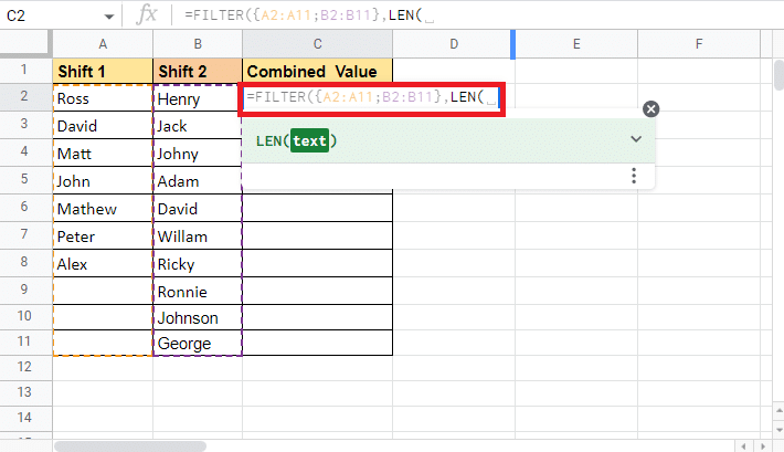 أضف فاصلة وابدأ باستخدام وظيفة LEN بكتابة LEN