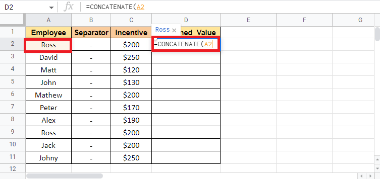 Sélectionnez la première cellule qui doit être combinée Ici c'est A2