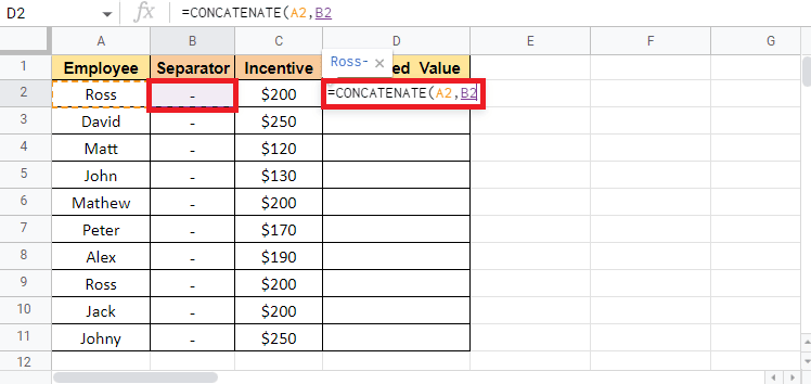 Aggiungi una virgola e seleziona la cella di separazione se vuoi aggiungerne una. Come combinare due colonne in Fogli Google