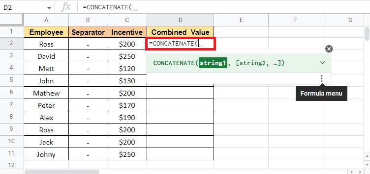 等号を入れて、ターゲット値が必要なセル D2 に CONCATENATE と入力することから始めます。