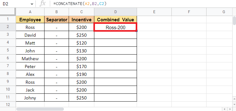 Tekan tombol Enter untuk melihat nilai target. Cara Menggabungkan Dua Kolom di Google Sheets