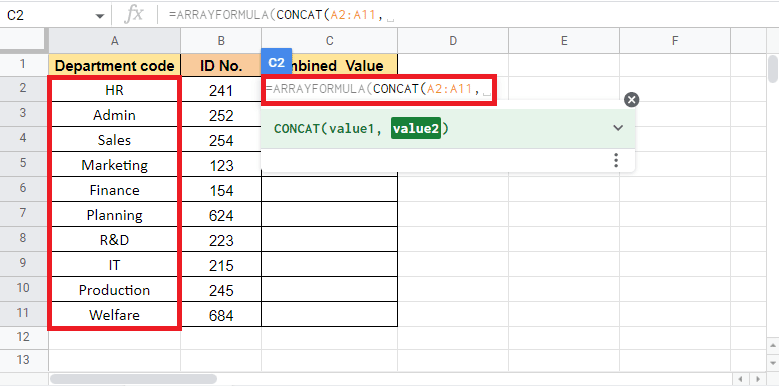 値 1 を入力するには、Department Code 列を選択し、カンマを追加して次の値に移動します