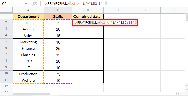 ブラケットを閉じて ARRAY フォーミュラを完成させます。 Google スプレッドシートで 2 つの列を結合する方法