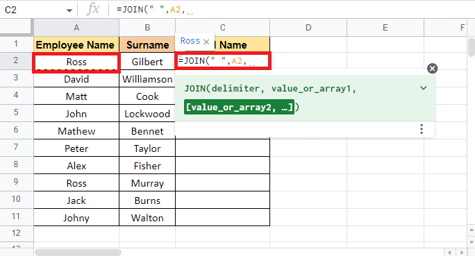 Sélectionnez la première cellule A2 qui doit être combinée et ajoutez une virgule. Comment combiner deux colonnes dans Google Sheets