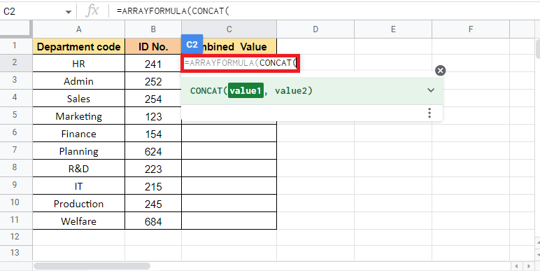 现在键入 CONCAT 以开始使用 CONCAT 函数。如何合并 Google 表格中的两列