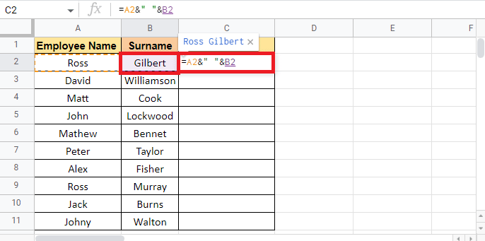 다시 앰퍼샌드를 입력하고 결합해야 하는 두 번째 셀인 B2를 선택합니다.