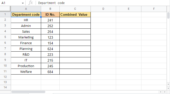 Dados de amostra. Como combinar duas colunas no Google Sheets