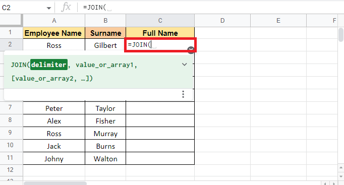 ใส่เท่ากับ (=) และเริ่มพิมพ์สูตร JOIN ในเซลล์ที่คุณต้องการค่าเป้าหมาย