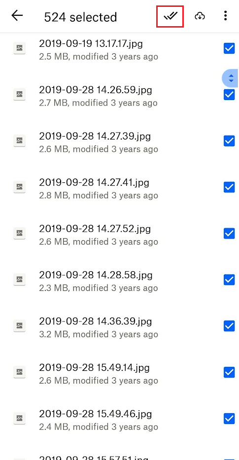 リストからファイルを長押しし、ダブルチェックマークアイコンをタップしてすべてのファイルを選択します