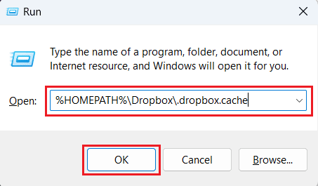 Boîte de dialogue Exécuter - Chemin du nom du dossier de cache Dropbox - OK