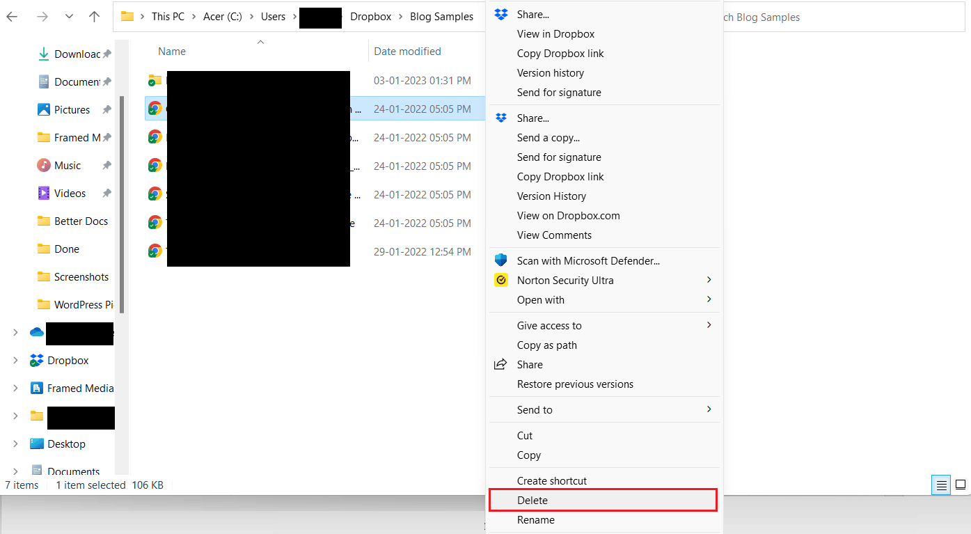 Kliknij prawym przyciskiem myszy żądany plik lub folder Dropbox — kliknij Usuń z menu kontekstowego