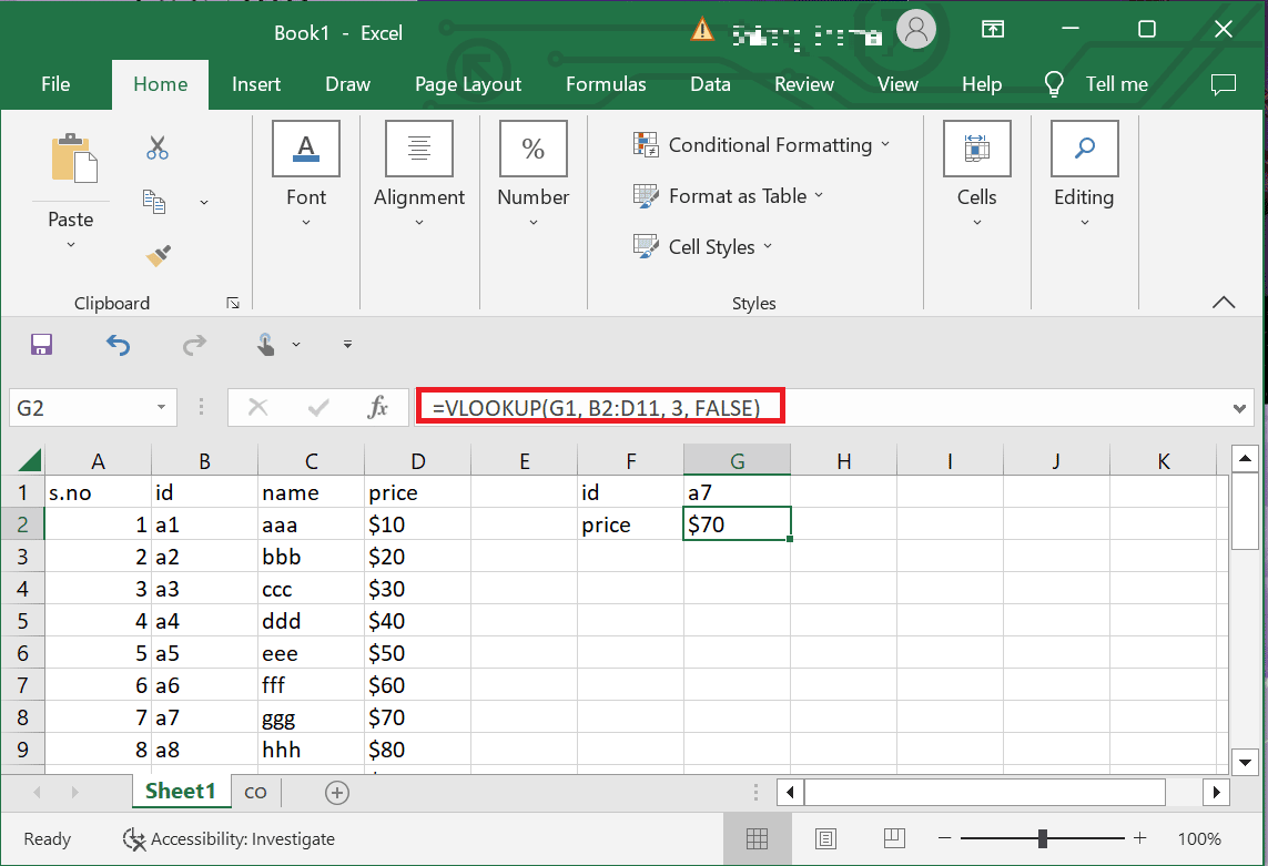 Excel의 Vlookup