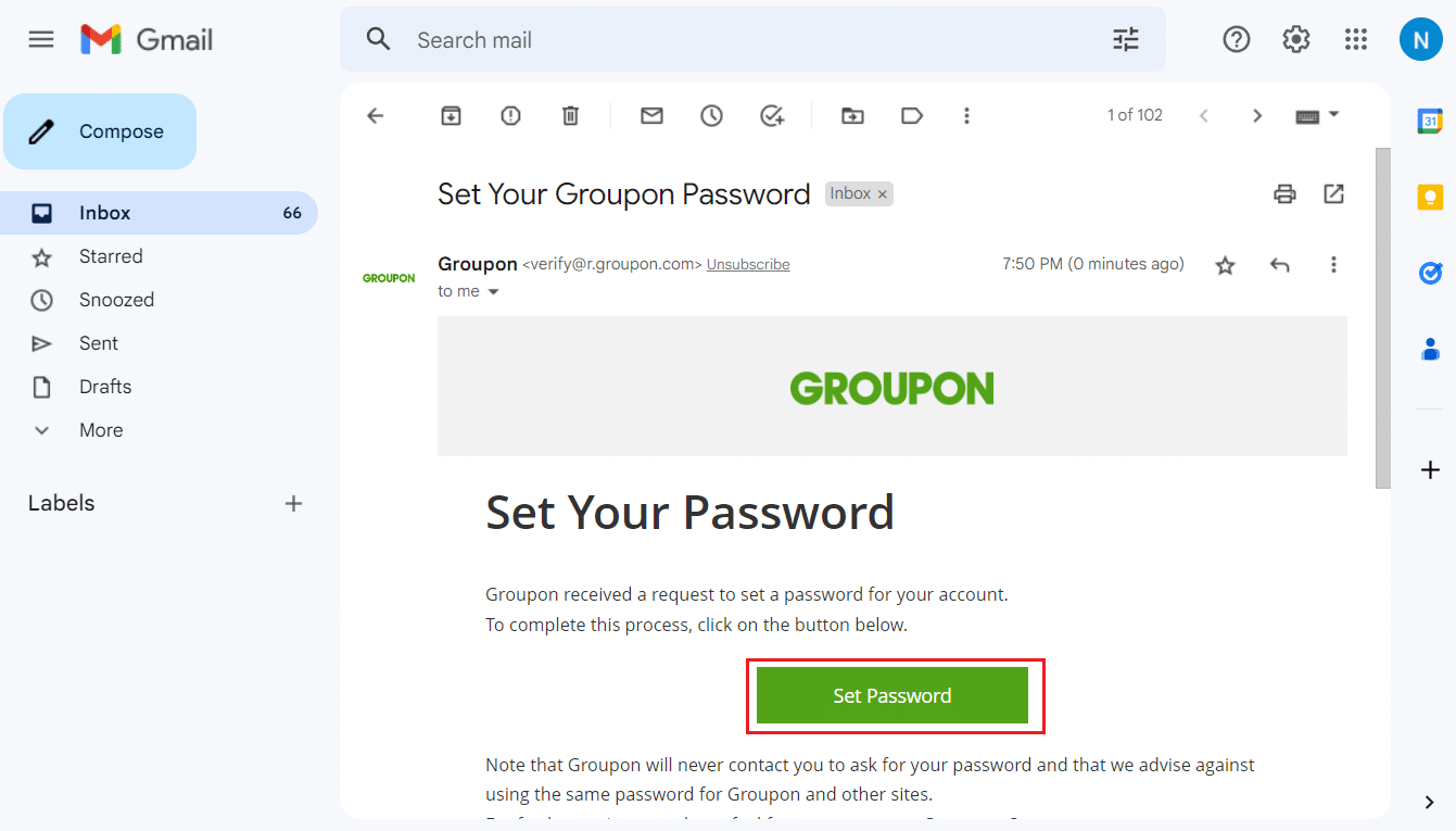 이메일 계정 - 받은 편지함에서 Groupon 비밀번호 이메일 설정 - 비밀번호 설정 링크