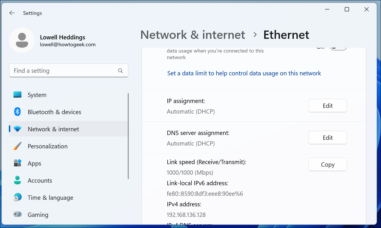 Paramètres Ethernet de Windows 11