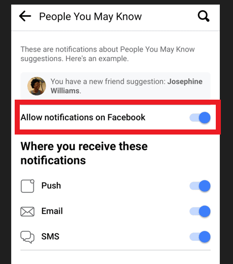 Ative a opção Permitir notificações no Facebook