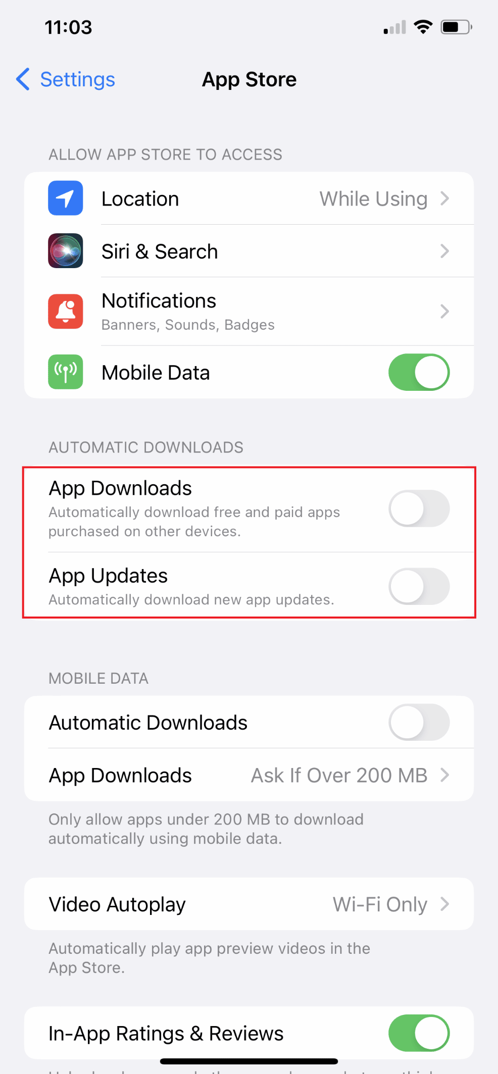 Desativar downloads de aplicativos e atualizações de aplicativos