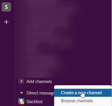 [新しいチャネルの作成] オプションをクリックします。 Slack チャンネルの作成方法