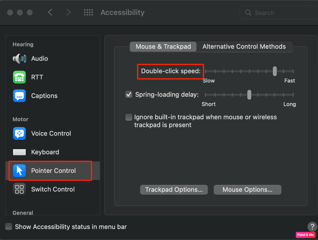 haga clic en la opción de control de puntero | trackpad no funciona Mac