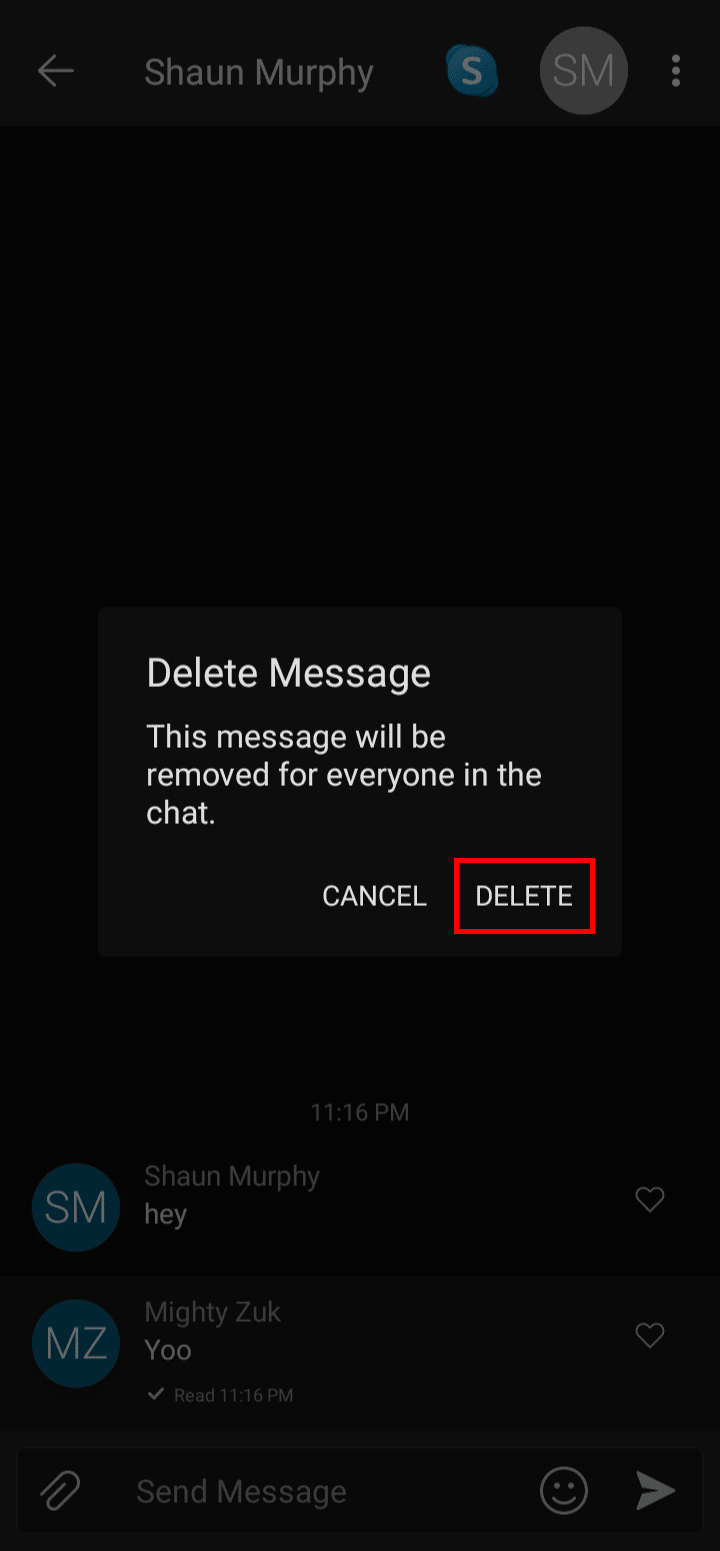 Toque la opción ELIMINAR del cuadro de diálogo para eliminar un mensaje del chat.