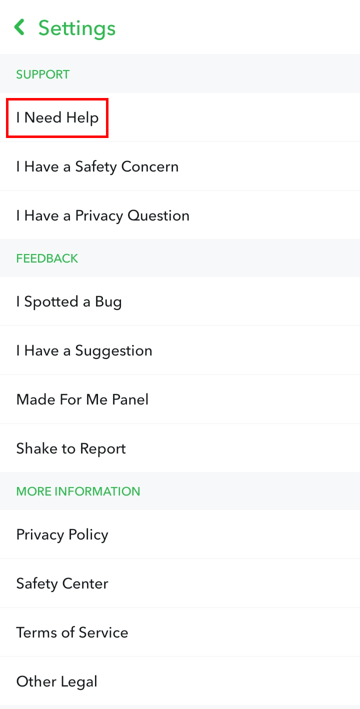 Scorri verso il basso fino a Supporto e tocca Ho bisogno di aiuto. | annullare la richiesta di dati di Snapchat