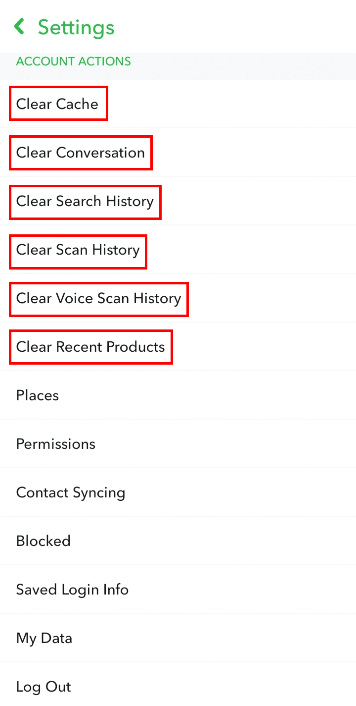 แตะที่ตัวเลือกใดๆ ที่ขึ้นต้นด้วย Clear และทำตามคำแนะนำบนหน้าจอเพื่อลบข้อมูล Snapchat บางอย่าง