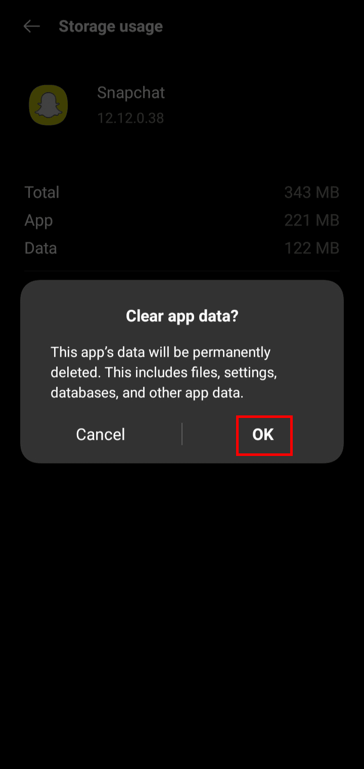 Tocca OK per cancellare i dati dell'app Snapchat sul tuo dispositivo Android.