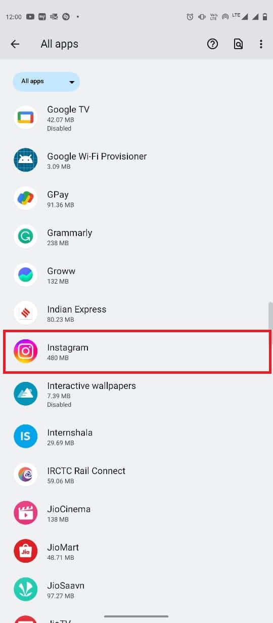 Faites défiler vers le bas et localisez l'application Instagram et appuyez dessus