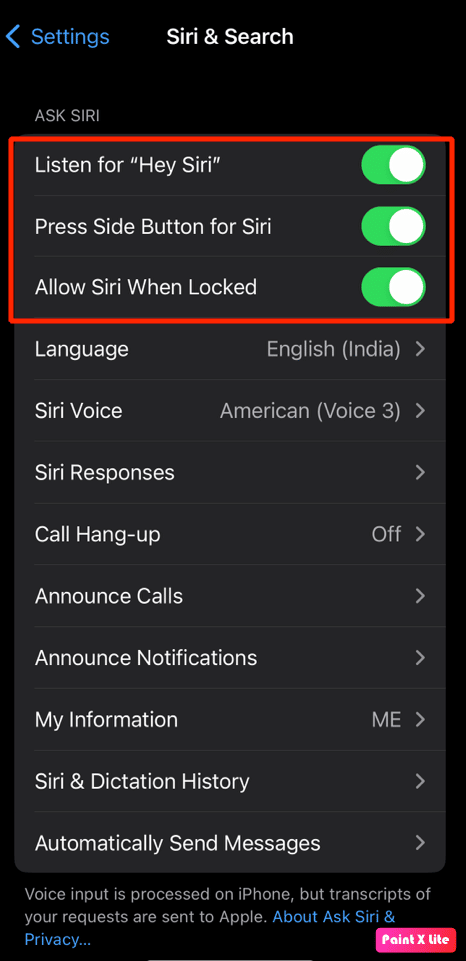 accendi premi il pulsante laterale per siri, consenti siri quando bloccato, ascolta hey siri