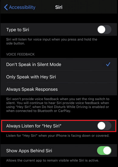 attiva l'interruttore per l'opzione Ascolta sempre per "Ehi Siri".