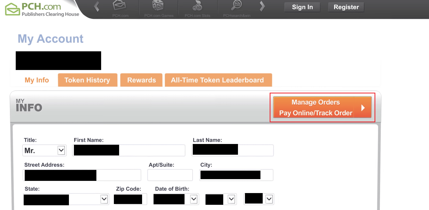 คลิกที่ Manage Orders Pay Online Track Order