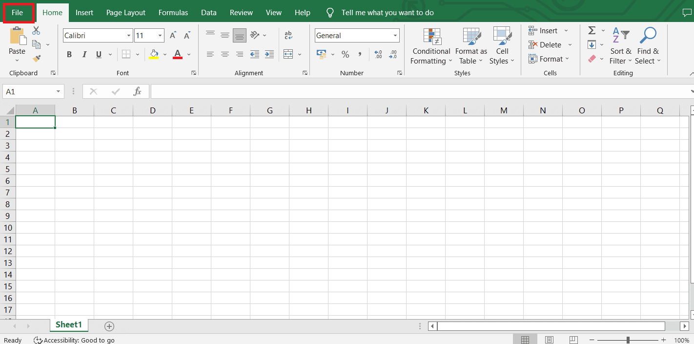 Klicken Sie auf Datei. So entsperren Sie die Pfeiltasten in Excel