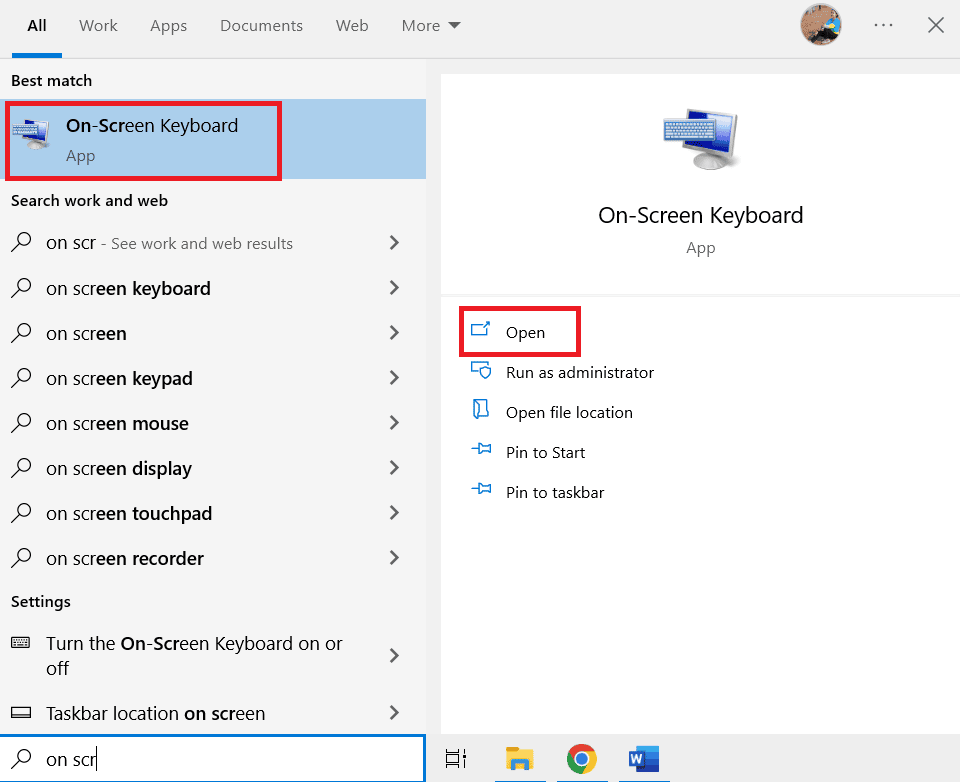 Windows arama çubuğuna yazarak Ekran Klavyesini açın.