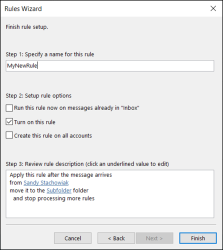 Paso final para configurar una regla de Outlook