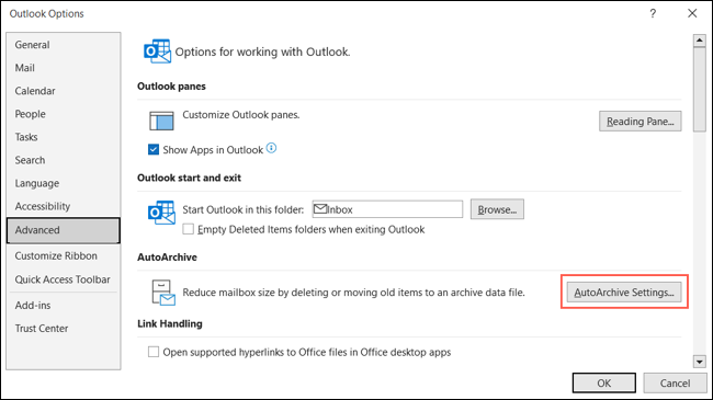 Schaltfläche AutoArchivierungseinstellungen in den Outlook-Optionen