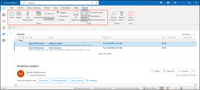 Options de filtre supplémentaires dans Outlook