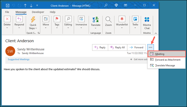 Întâlnire într-un meniu de e-mail Outlook