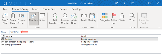 Beri nama dan simpan grup kontak di Outlook