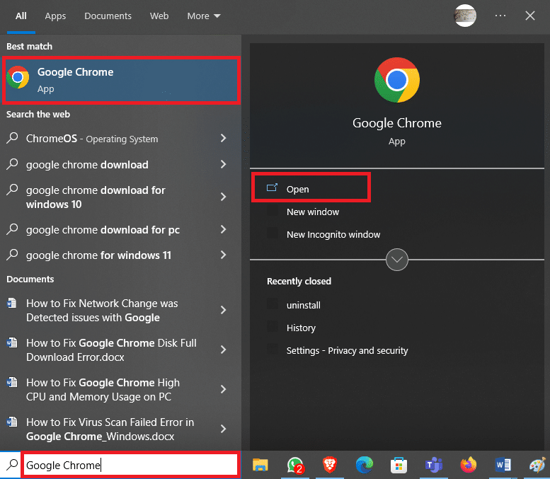 Başlat Menüsünden Google Chrome'u açın. Ağ Değişikliği Algılandı Hatasını Düzeltmenin 9 Yolu