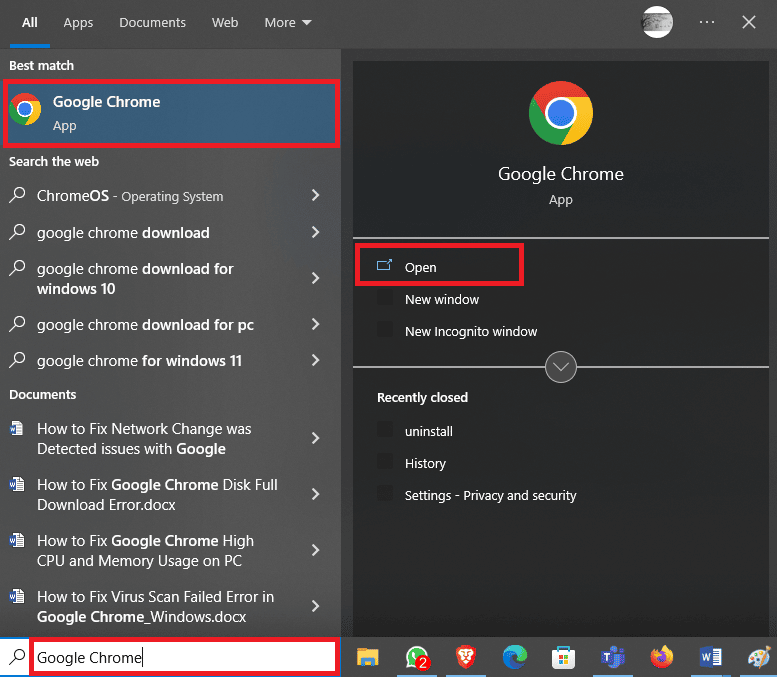 Ouvrez Google Chrome depuis le menu Démarrer