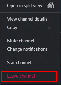 次に、チャンネルまたはグループを右クリックし、ドロップダウン メニューから [脱退] オプションをクリックして、Slack からグループを脱退します。