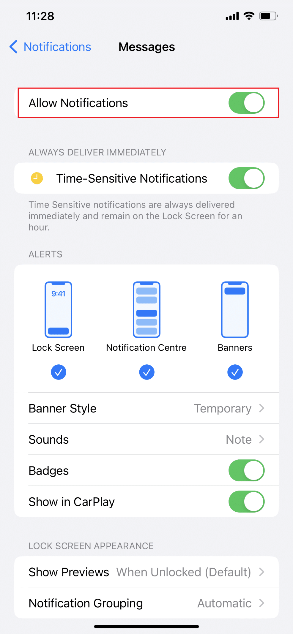 Pastikan Izinkan Notifikasi diatur ke hijau | Mengapa Notifikasi Saya Tidak Bersuara di iPhone